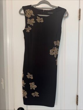 Guess Black Midi Dress with Gold Floral Embellishments